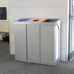 Wybone C-Bin Triple Recycling Bin in silver inside an office.