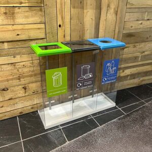 Box Cycle Triple Litter & Recycling Bin with curved plastic lids.