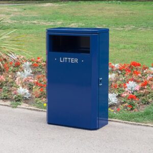 MLB/90 Steel Litter Bin in blue with flowers in the background.