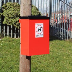 Red Dog Waste Bin with a chute attached to a post.