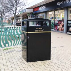 The 240-litre BWB Wheelie Bin Cover in black with gold beading and lettering.