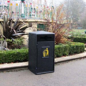 Never Rust Recycling Bin in black at Elsecar Park.