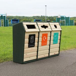 RLA/7 Timber Fronted Triple Litter & Recycling Bin in a park.