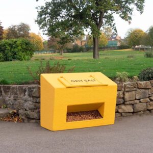 SFG/11 285-Litre Glass Fibre Grit Bin in yellow showing grit inside.
