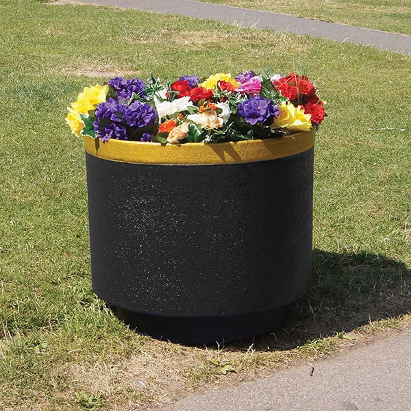 VP/12 Large Circular Victoriana Flower Planter in black with a gold trim to the top.