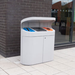 Torpedo Triple External Recycling Bin with Hood outside an office.