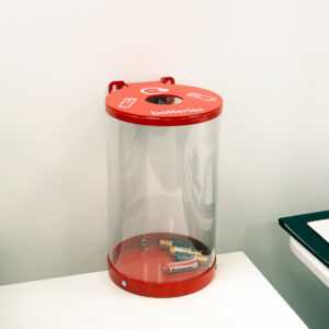 Wybone Battery Recycling Bin with a red lid and red base.