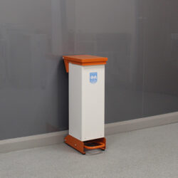 28-Litre Metal Fixed Body Clinical Waste Bin with a orange lid and white body.