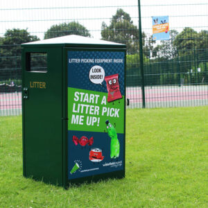 The BMB Parks Bin in dark green with vinyl attached.