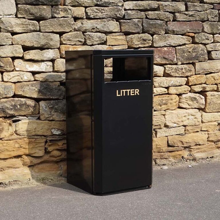 The MLB/112 Eco Metal Litter Bin in black with gold lettering.