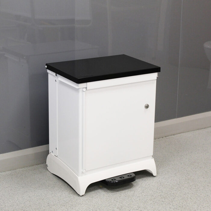 42 Litre Mental Health Bin with a white body, black lid and black foot pedal.