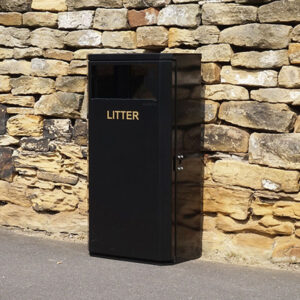 MLB/90 Eco Metal Litter Bin with a black body and gold lettering.