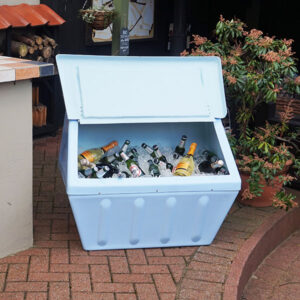Pastel Blue Glass Reinforced Plastic Drinks Cooler with bottles inside.