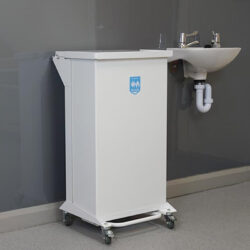 The 80-litre Metal Mobile Clinical Waste Bin in all white showing wheels.