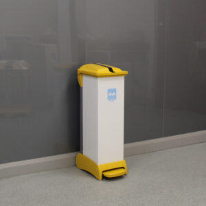 28-litre Capsule Clinical Waste Bin with a white body, tiger-themed lid, yellow base and plastic foot pedal.