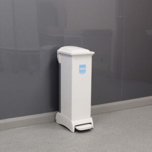 28-litre Capsule Clinical Waste Bin with a white body, white lid, white base and plastic foot pedal.