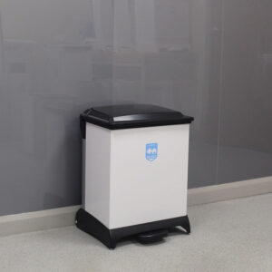 42 Litre Capsule Clinical Waste Bin with a white body, black lid, black base and plastic foot pedal.