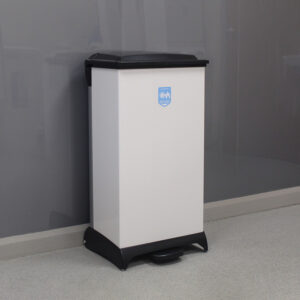 80 Litre Capsule Clinical Waste Bin with a white body, black lid, black base, plastic foot pedal.