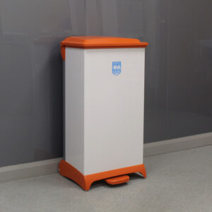 80 Litre Capsule Clinical Waste Bin with a white body, orange lid, orange base and plastic foot pedal.