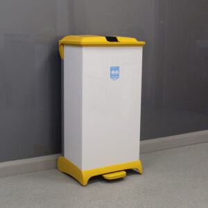 80 Litre Capsule Clinical Waste Bin with a white body, tiger-themed lid, yellow base and plastic foot pedal.