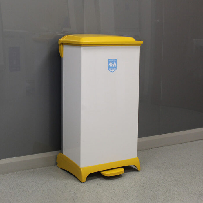 An 80 Litre Capsule Clinical Waste Bin with a white body, yellow lid, yellow base and plastic foot pedal.