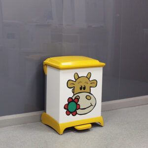 42-Litre Connie The Cow Capsule Plastic Clinical Waste Bin with a yellow lid and base.