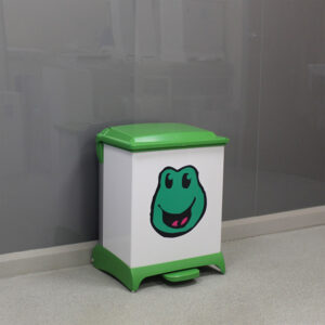 42-litre Freddie Frog Capsule Plastic Clinical Waste Bin with a green lid and base.
