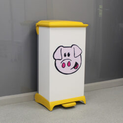 80-litre Percy Pig Capsule Plastic Clinical Waste Bin with a yellow lid and base.