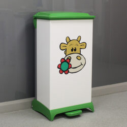 80-litre Connie The Cow Capsule Plastic Clinical Waste Bin with a green lid and base.