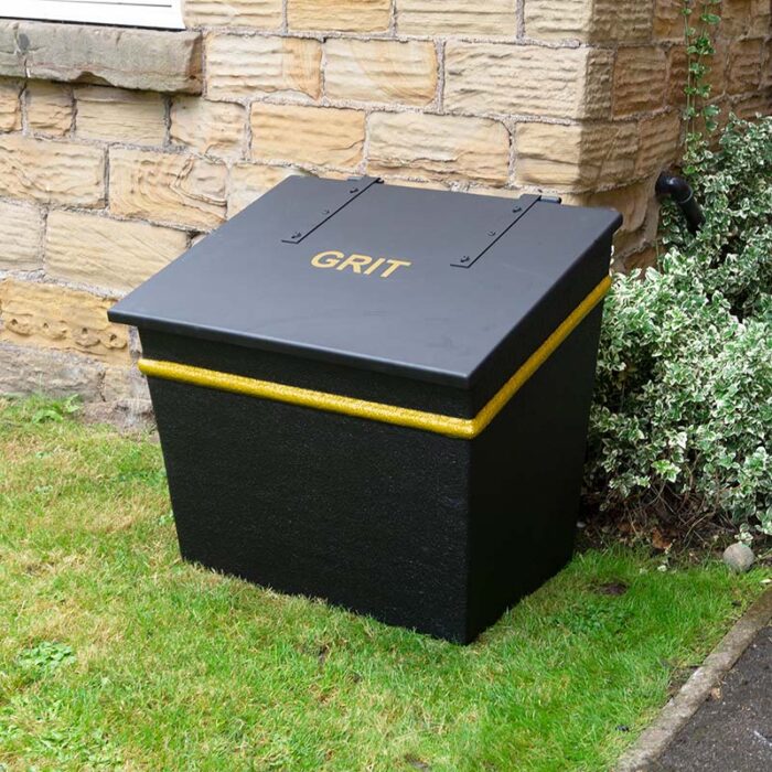 The Victoriana Stackable Grit Bin (224 Litres) in black with gold beading.