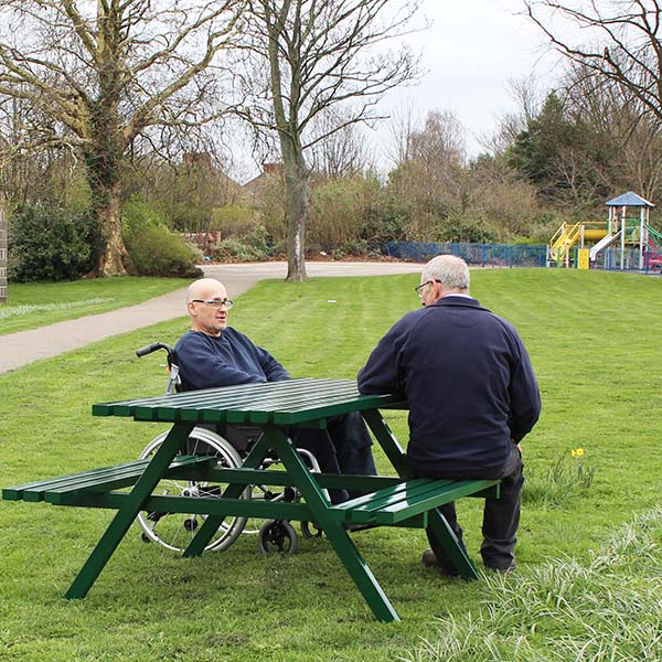 VMP/6 Wheelchair Accessible Steel Picnic Table with two men sat at it.
