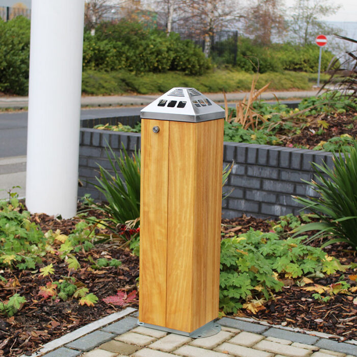 The WTS Wooden Floor Standing Cigarette Bin outside an office.