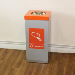 The Box Cycle Liquid Collection Bin with an orange lid and silver steel body.