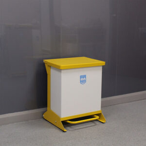 42-Litre Metal Hands Free Clinical Waste Bin with a yellow lid and white body.