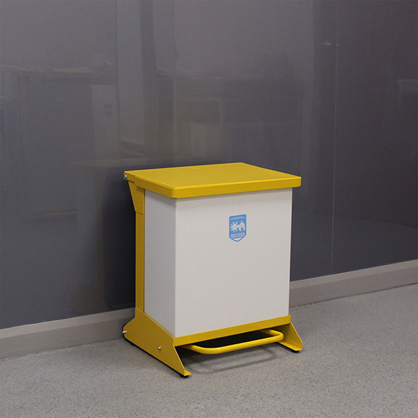 42-Litre Metal Hands Free Clinical Waste Bin with a yellow lid and white body.