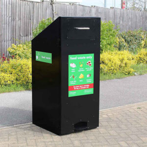 Artemis Food Waste Bin in black with a green food waste sticker.