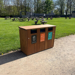 WTS/8 Triple Iroko Wood Litter & Recycling Bin at Bolsover Castle.