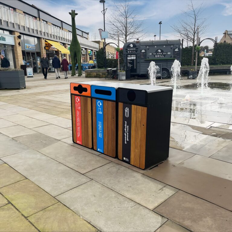 Contour Triple Iroko Wood Litter & Recycling Bin for University of Wales Trinity Saint David.