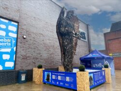 The Knife Angel Statue and Knife Amnesty Bin at Bury town centre.