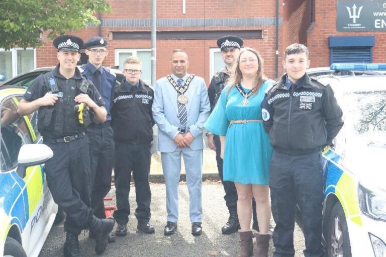 Heywood Police team posing with the Mayor at the launch of Knife Surrender Amnesty Bins.