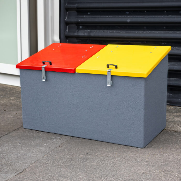 RSA:35 Fire Service PPE Collection Red and YEllow in front of Fire Roller Door