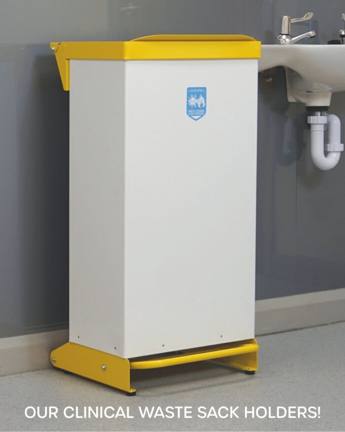 Wybone clinical waste sack holder with a yellow lid positioned beside a sink in a healthcare environment, designed for safe clinical waste disposal.