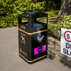 Leeds City Council bespoke litter bin manufactured by Wybone featuring Litter Free Leeds branding, QR codes and Swoopy Owl artwork.