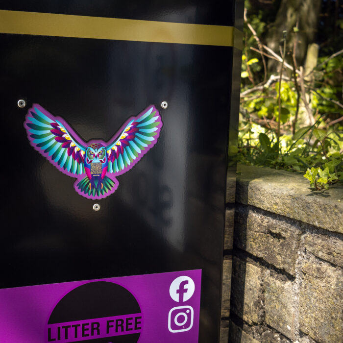 Close-up of Swoopy Owl branding featured on a bespoke Leeds City Council litter bin.