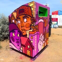 Colourfully painted Wybone Apollo 1280L wheelie bin housings installed along the Thanet seafront as part of the B'inspired public art project.