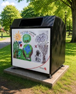 Wybone Apollo 1280L wheelie bin housing installed in an Enfield Council park, featuring bespoke artwork created by a local school child promoting environmental responsibility and cleaner green spaces as part of the council's community art competition.