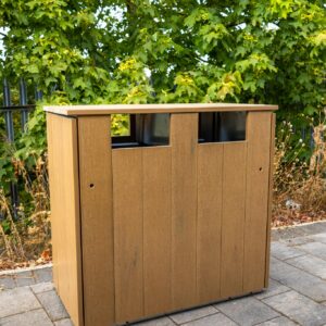 wood bin on path with tree behind