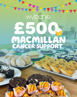 Wybone raises £500 for macmillan coffee morning. Celebratory image of total with gradient and bakes in background.